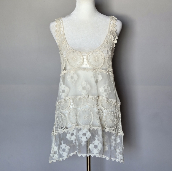 Miss Kelly 1999 Boho Cream Crochet Lace Sleeveless Tunic Swim Cover Up Top - Picture 1 of 7